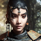 Detailed Armor and Striking Makeup Portrait in Forest Setting