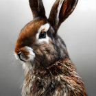 Brown rabbit with soft fur and alert ears on grey background
