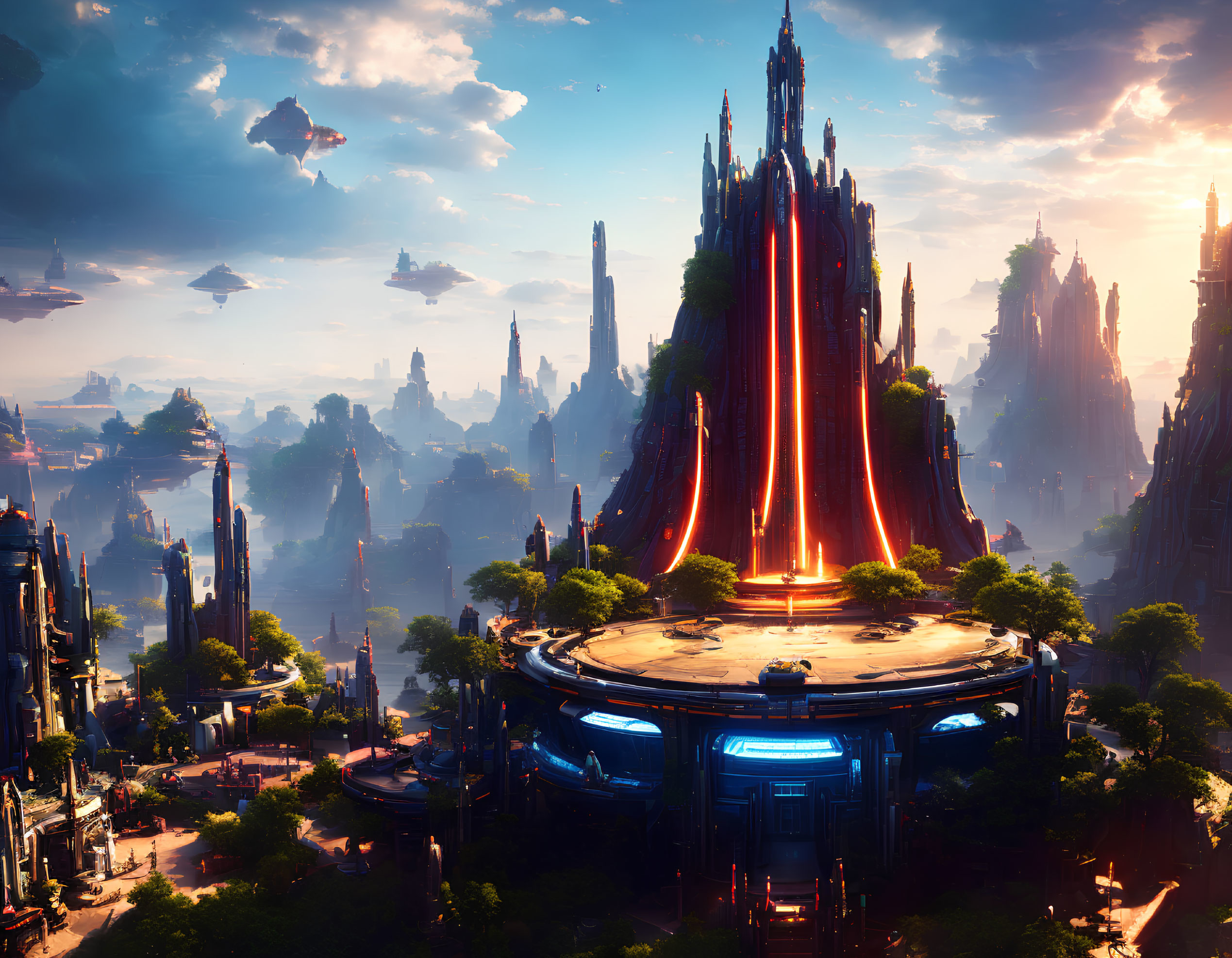 Futuristic cityscape with spires, lava feature, flying vehicles, and lush greenery