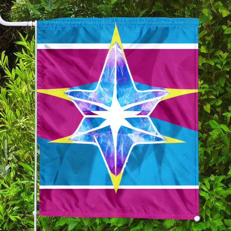 Colorful Star Design Garden Flag on White Pole in Lush Garden