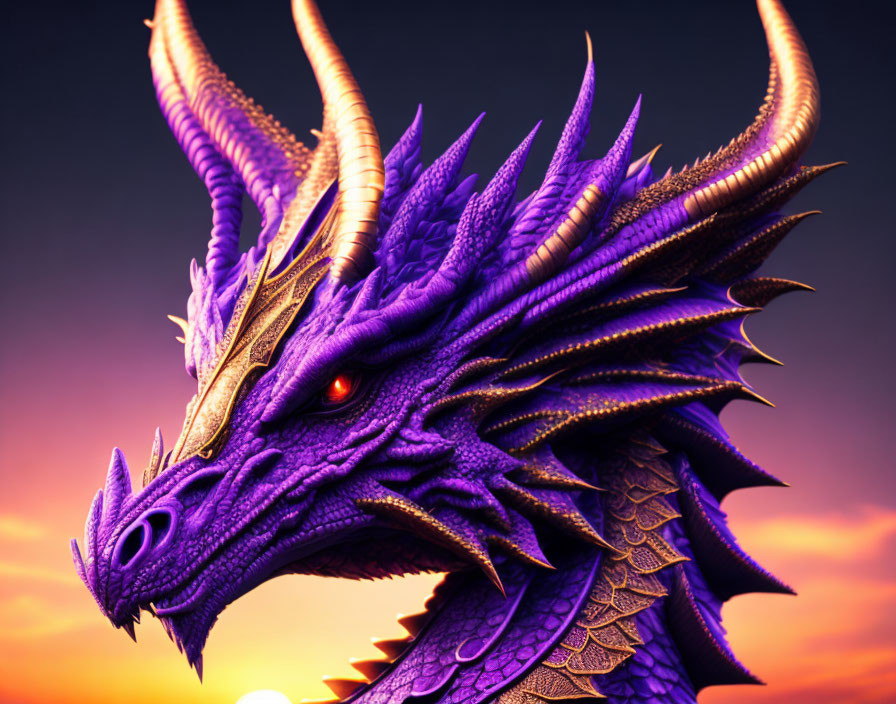 Detailed purple dragon head with horns, red eyes, scales, in vivid sunset sky