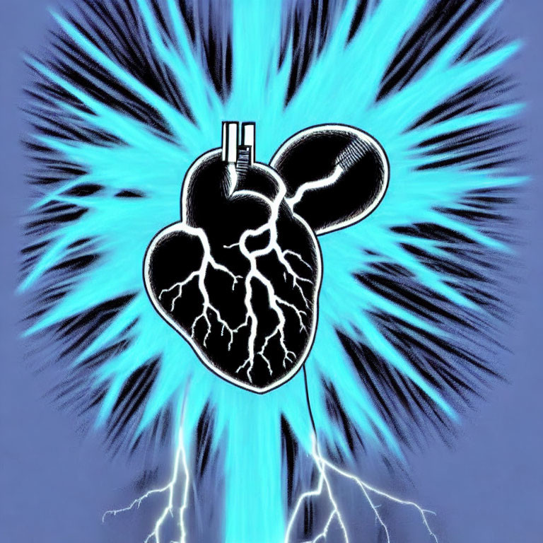 Abstract Human Heart Graphic with Crackling Energy and Lightning on Blue Background