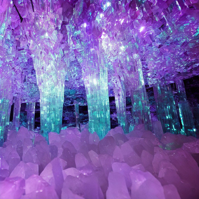 Ethereal gem-like cavern with purple and teal lighting