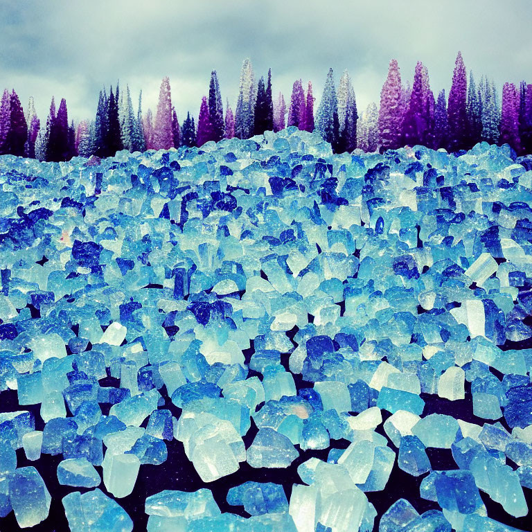 Surreal landscape with blue crystal formations and purple trees under cloudy sky