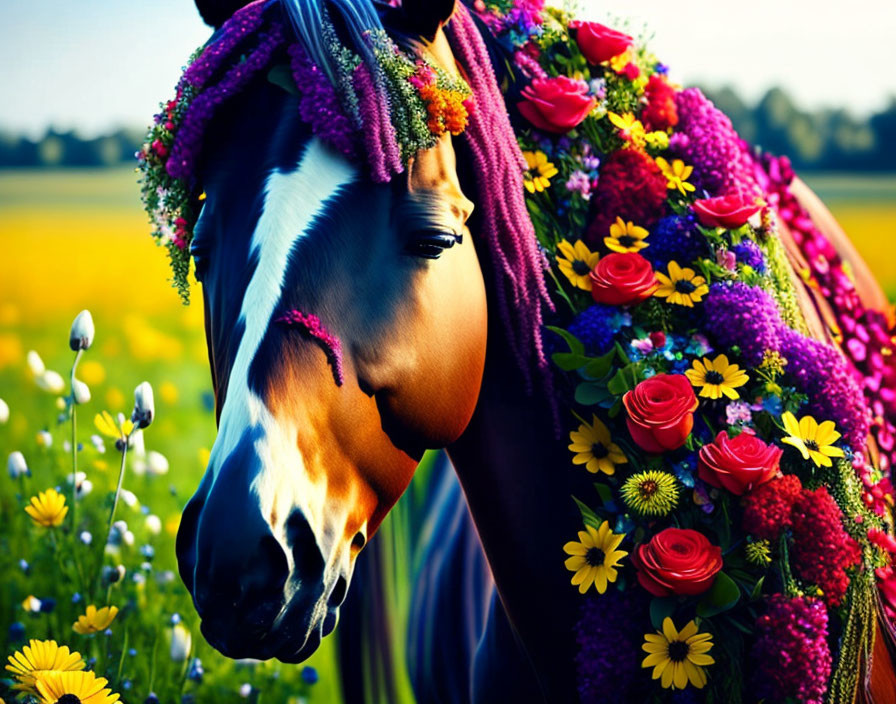 Floral adorned horse in sunny field with colorful blooms