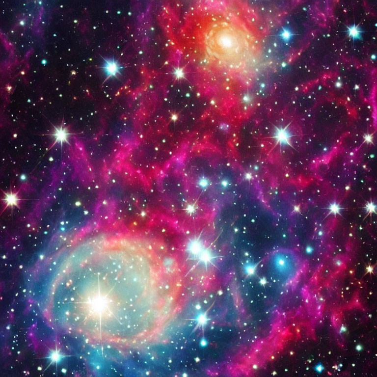 Colorful swirling nebulae and bright stars in cosmic scene.