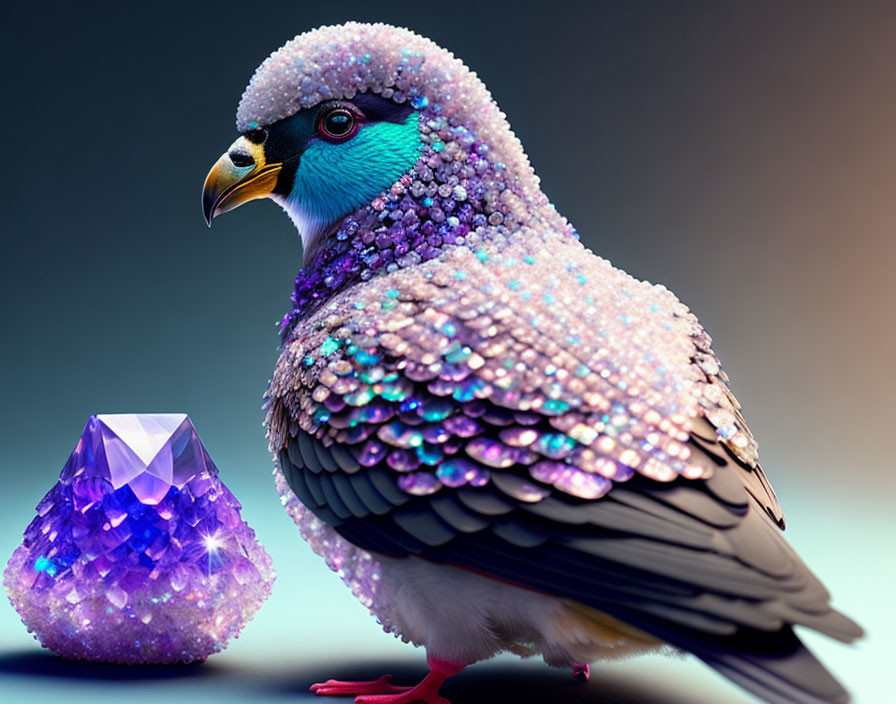 Digital Bird with Purple Crystals and Gemstone on Gradient Background