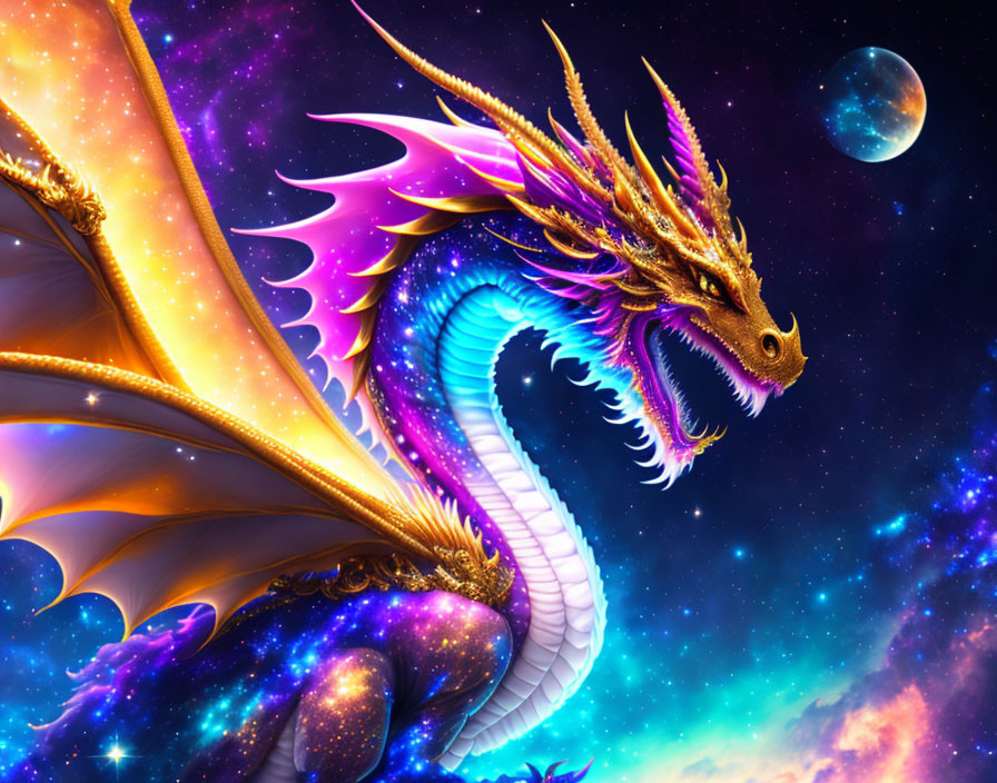Majestic dragon with golden horns and vibrant wings in cosmic sky