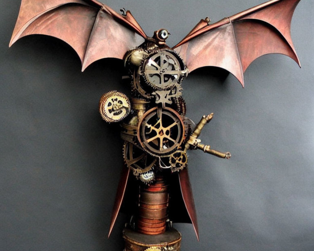 Steampunk-style dragon sculpture with mechanical gears and metal wings on dark background