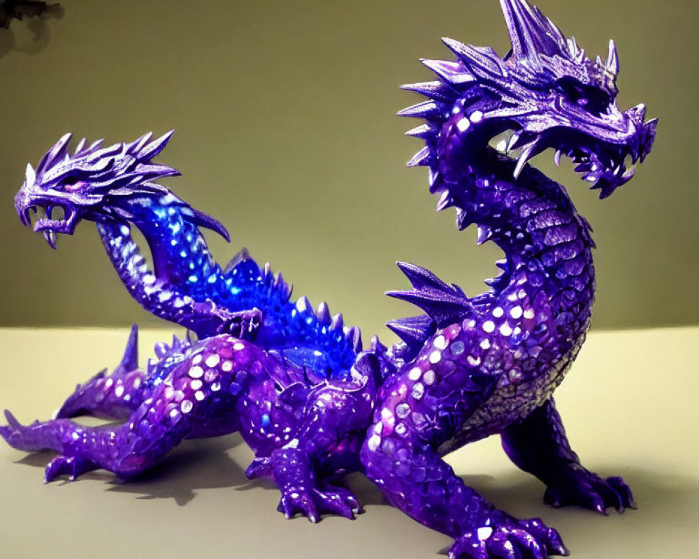 Dual-headed dragon figurine in vivid purple and blue hues with intricate scales on neutral backdrop