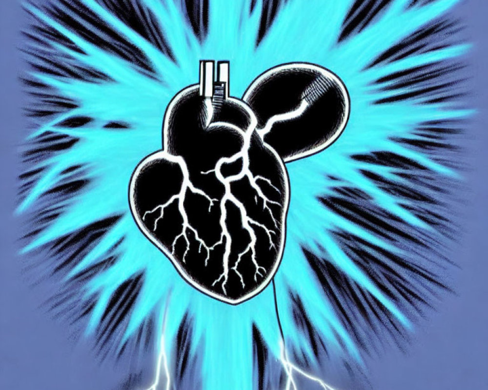 Abstract Human Heart Graphic with Crackling Energy and Lightning on Blue Background