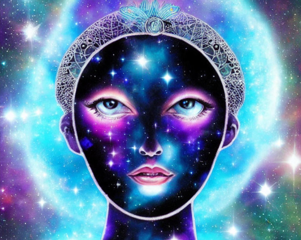 Vibrant cosmic-themed face illustration with stars and galaxies on space backdrop