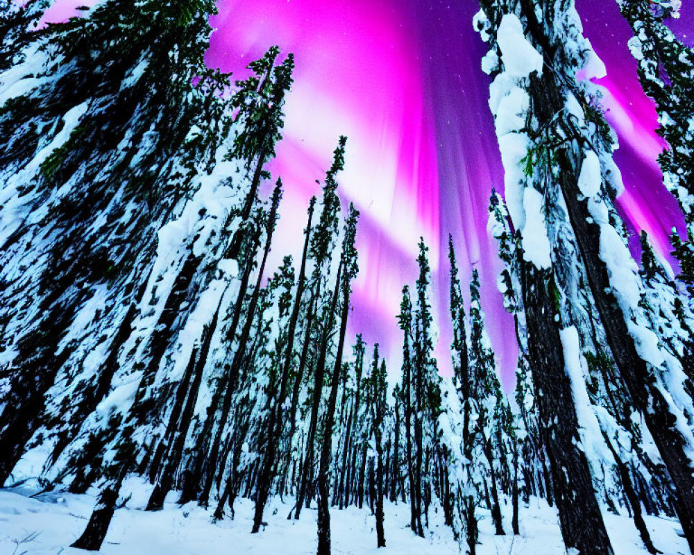 Colorful aurora borealis lights up snowy forest at night