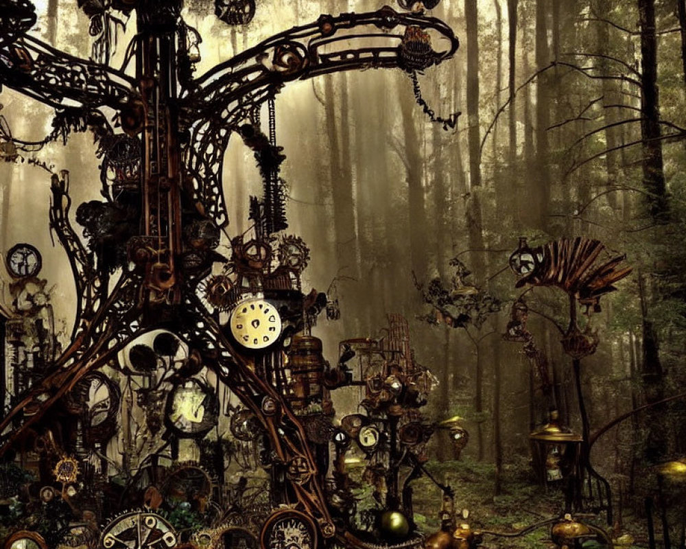 Clockwork mechanism surrounded by misty forest creates mysterious ambiance