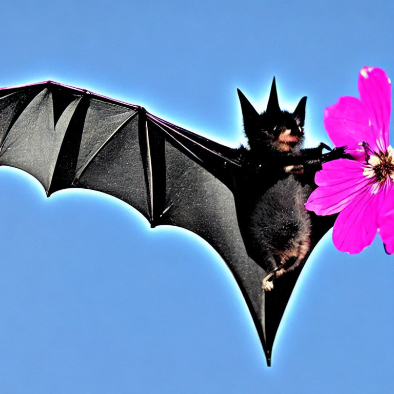 Bat with outstretched wings near pink flower on blue sky background