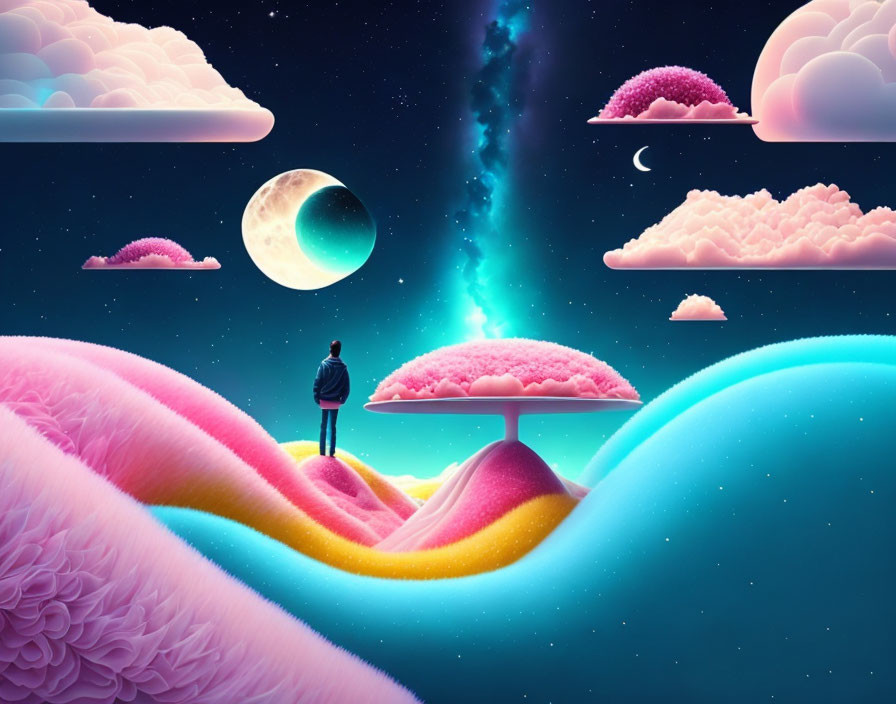 Colorful Surreal Landscape with Rolling Hills and Cosmic Sky
