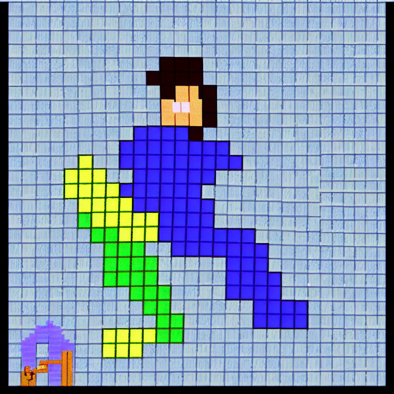 Pixelated superhero mural on brick wall: blue suit, cape, green lightning bolt.