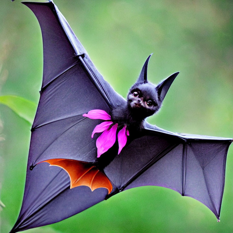 Bat in mid-flight with fully extended wings and pink flower petal in mouth against green background