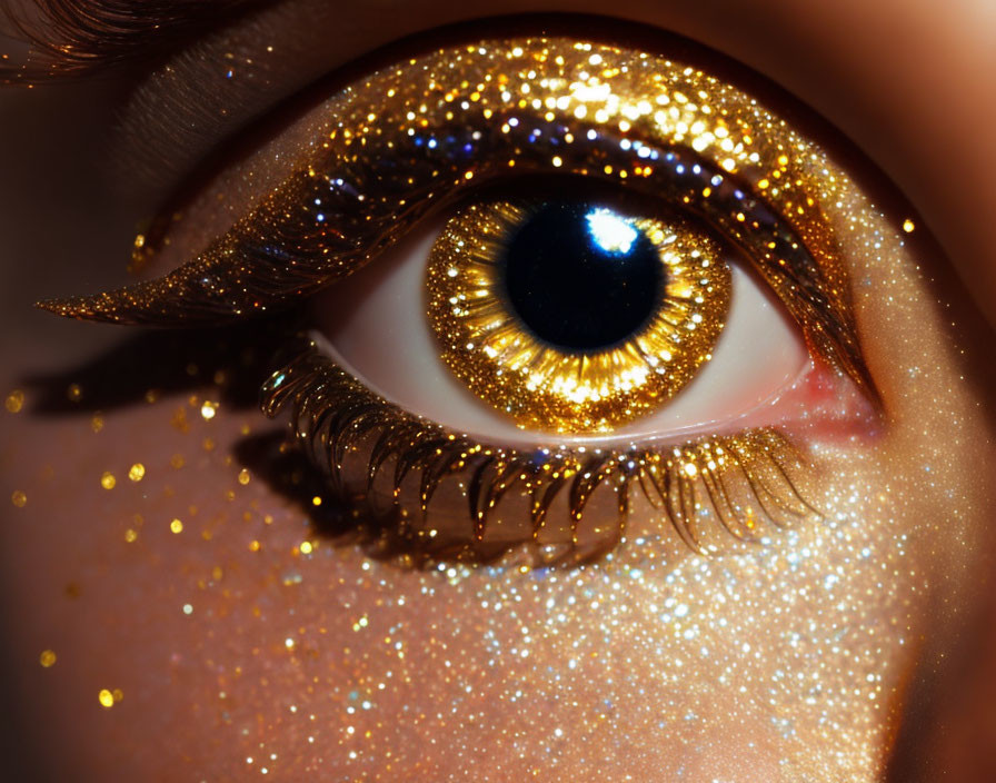 Detailed close-up of eye with golden glitter makeup and shiny iris