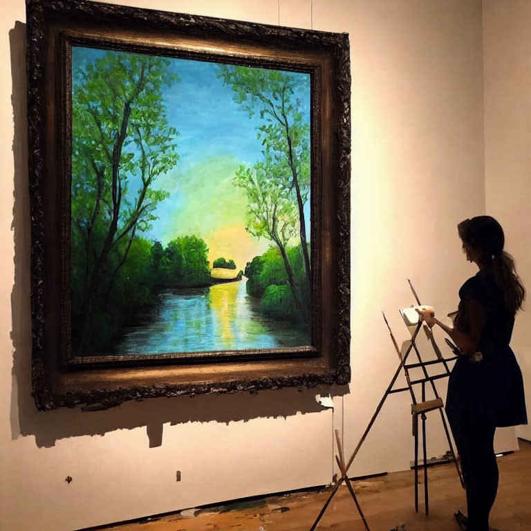 Woman admires framed painting of serene river landscape in art gallery