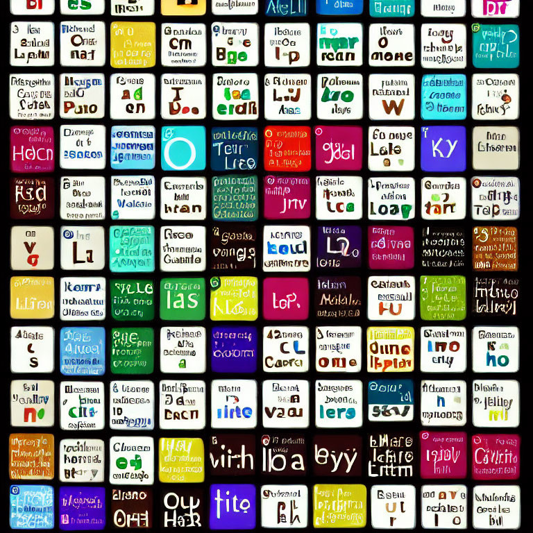 Colorful Periodic Table with Element Symbols, Atomic Numbers, and Multilingual Names in Mosaic Pattern