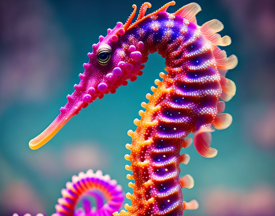 Colorful Digital Illustration of Purple Seahorse with Orange Spots