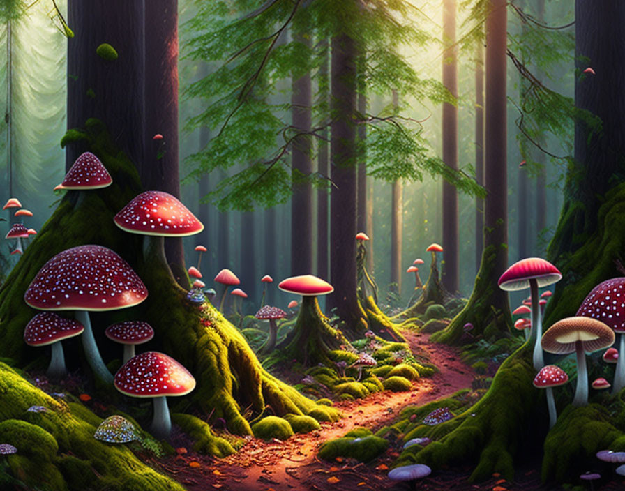 Vibrant red-capped mushrooms in enchanted forest scene