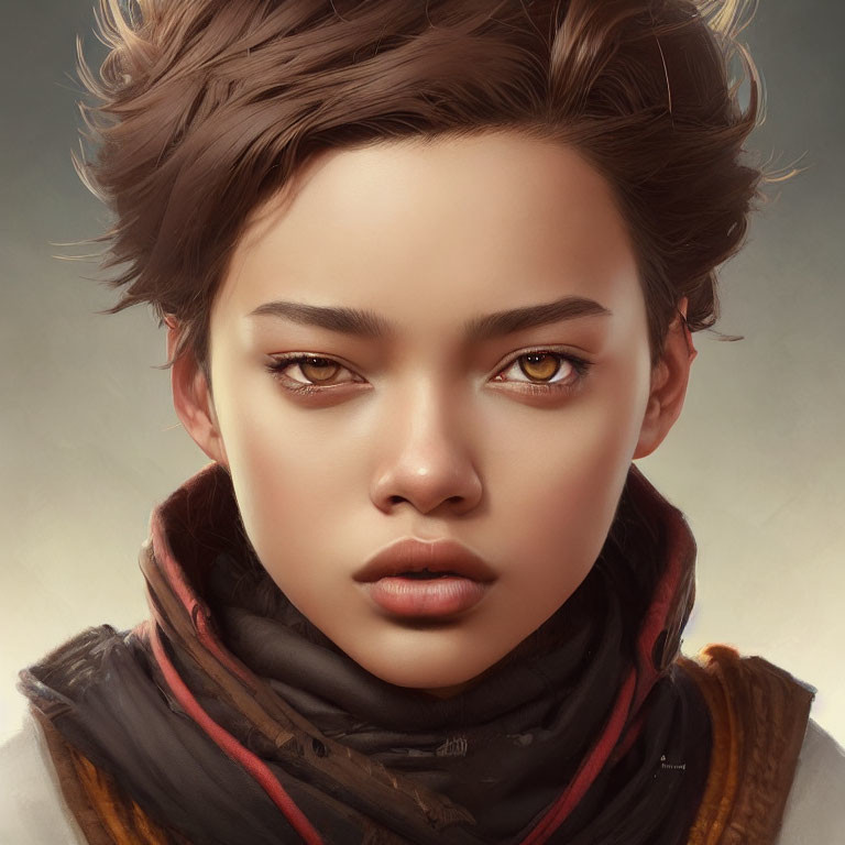 Realistic digital portrait with amber eyes, windswept hair, and scarf