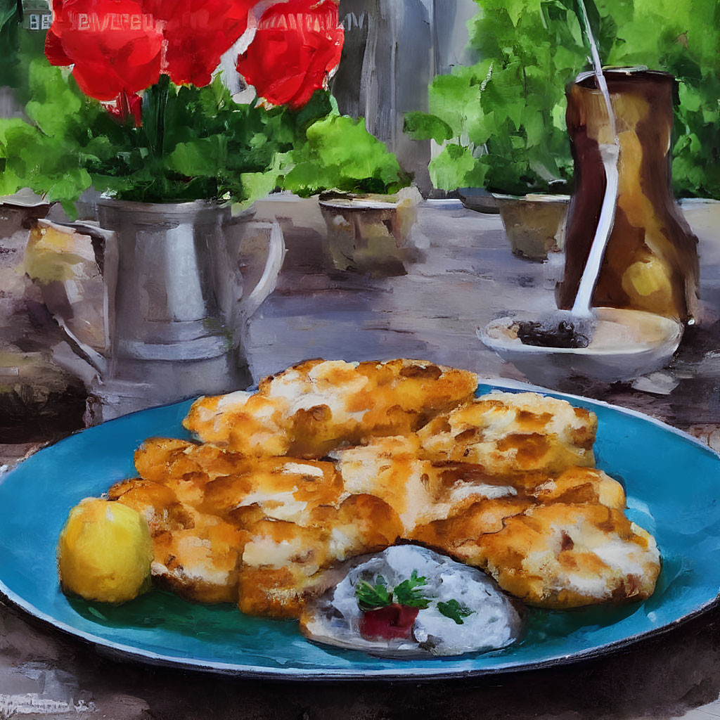 Watercolor painting of breaded cutlets, lemon wedge, and dip on blue plate by window with