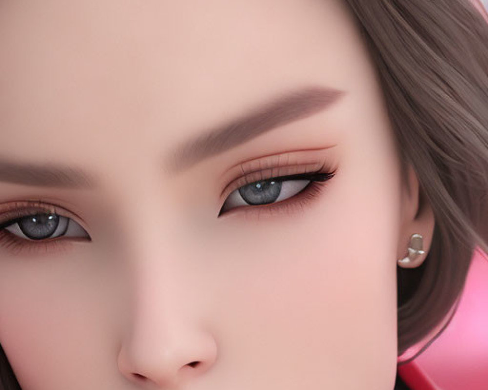Female CGI character with brown eyes, white hat, red jacket, detailed facial features.