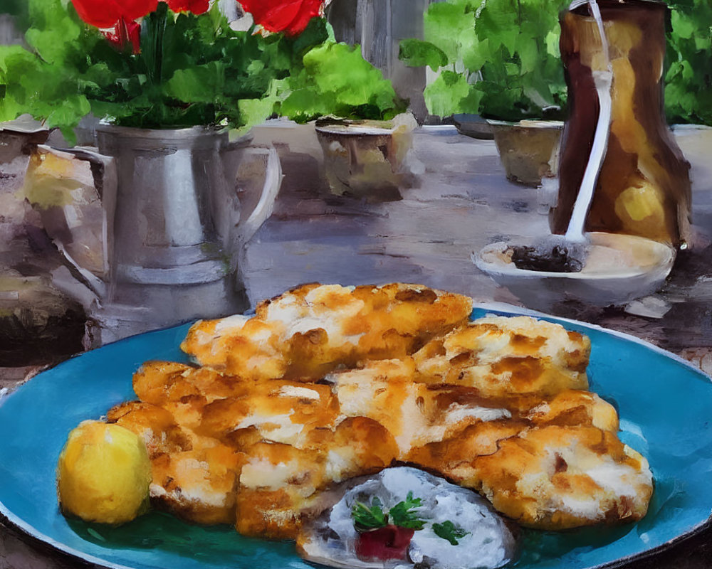 Watercolor painting of breaded cutlets, lemon wedge, and dip on blue plate by window with