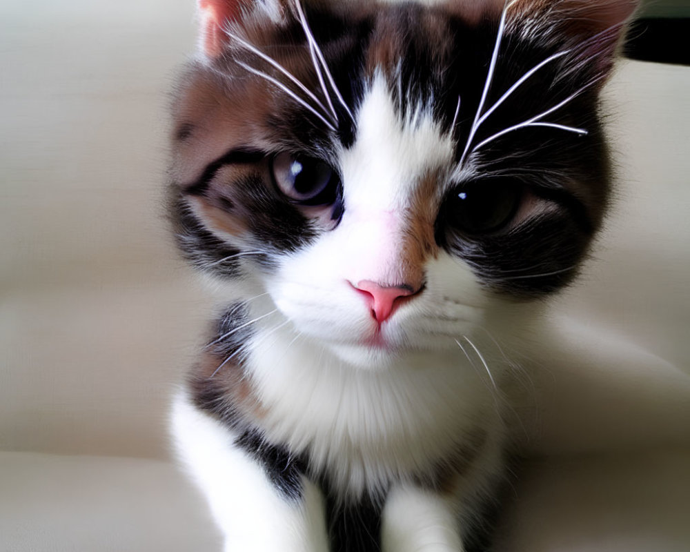 White and Brown Cat with Black Markings and Pink Nose Close-Up