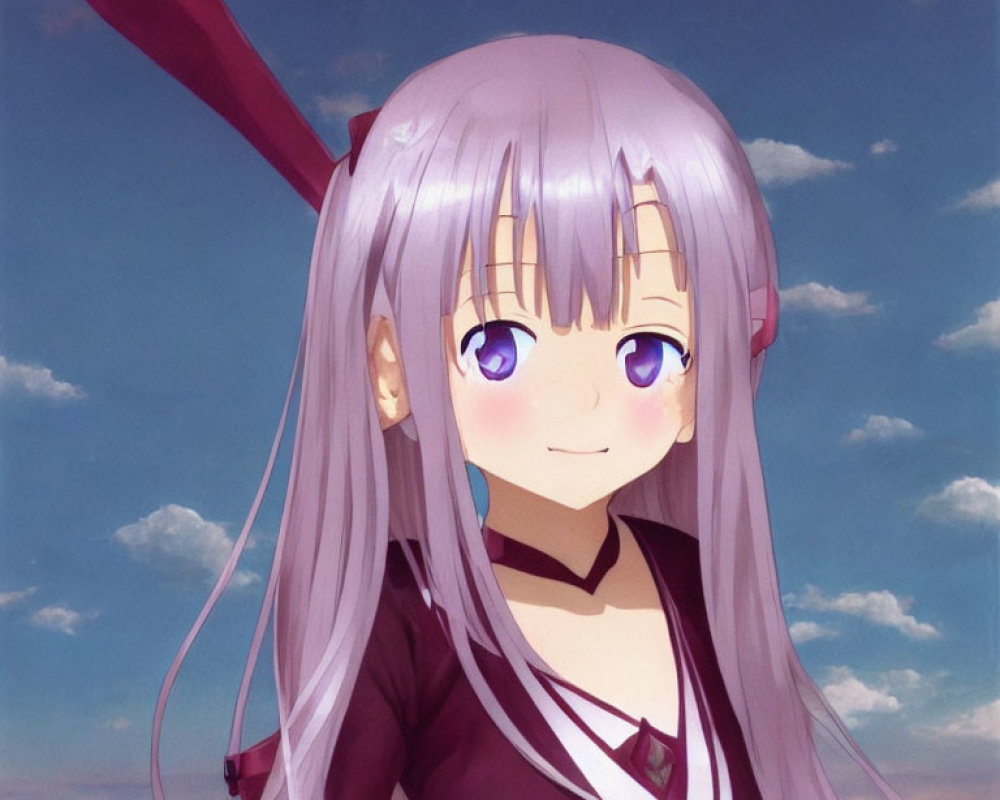 Purple-haired animated girl in dark dress smiles with red baseball bat, under cloudy sky