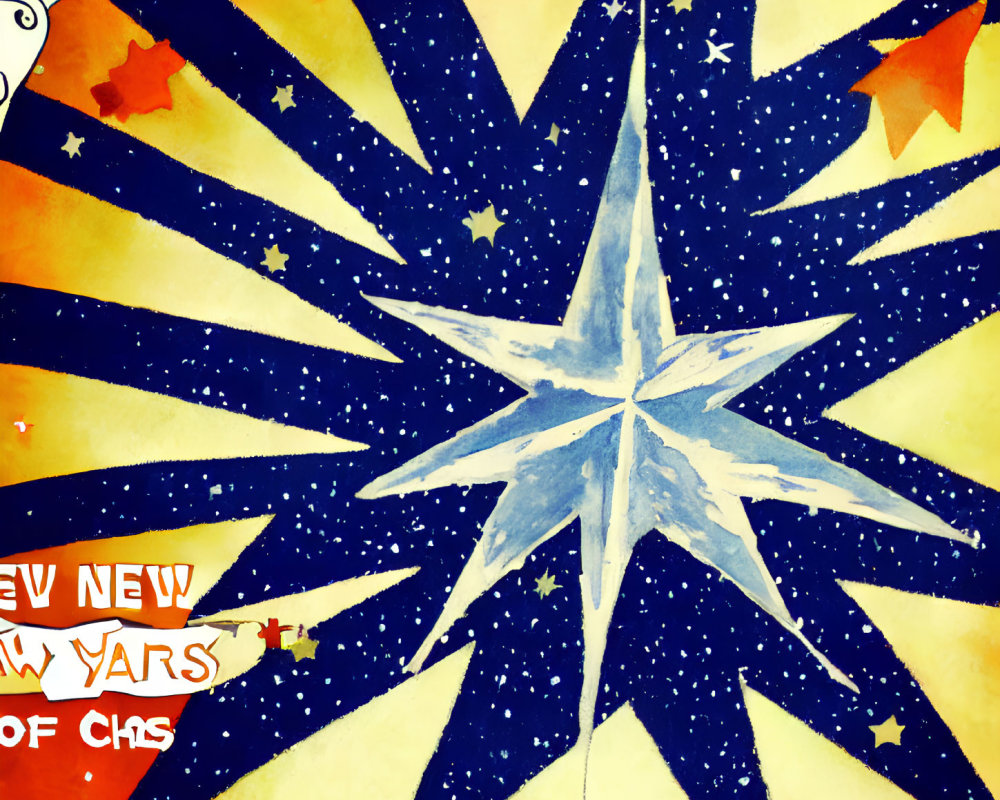 Stylized star illustration with yellow and blue rays and Happy New Years text