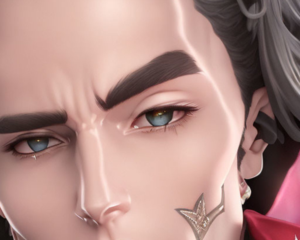 Close-up digital portrait of stylized male character with green eyes and gold earrings.