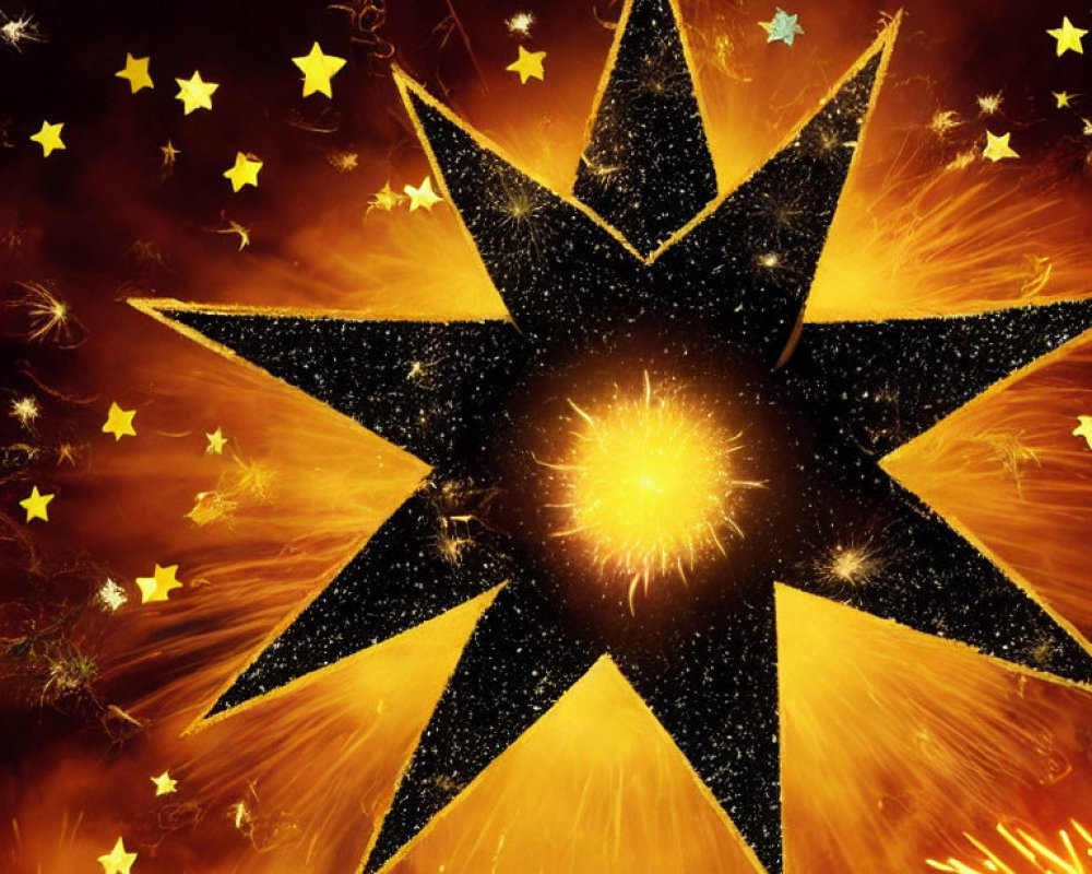 Sparkling Black Star with Golden Edges on Fiery Orange Background