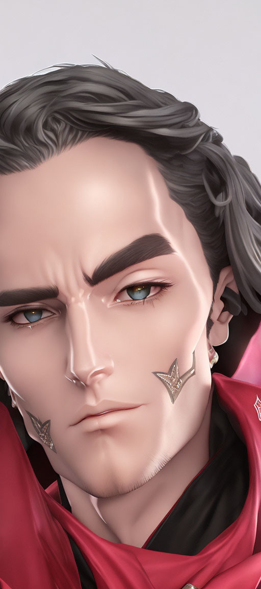 Close-up digital portrait of stylized male character with green eyes and gold earrings.