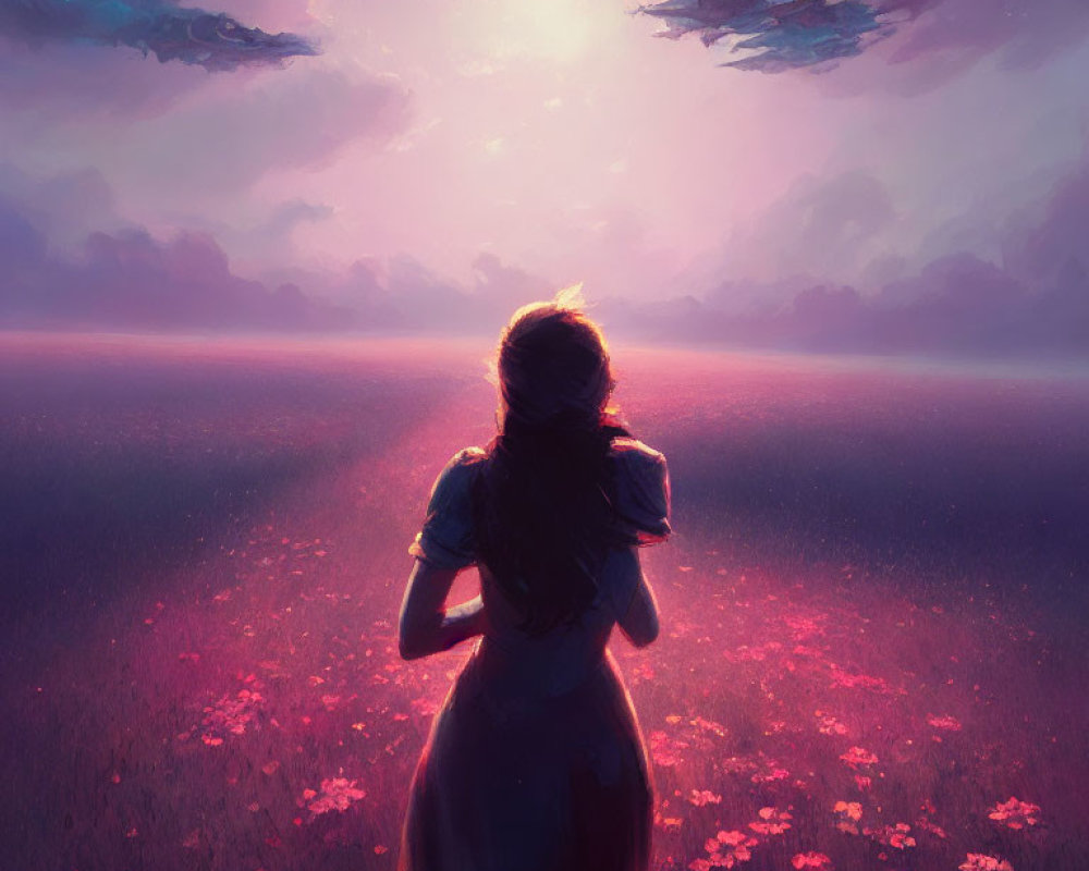 Woman admiring sunset in flower field with ships in pink sky