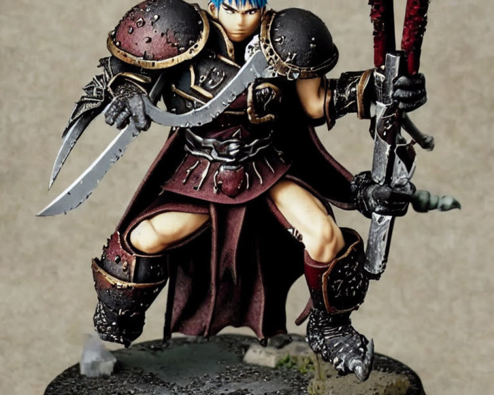 Blue-Haired Warrior Miniature Figure with Dual Swords and Armor