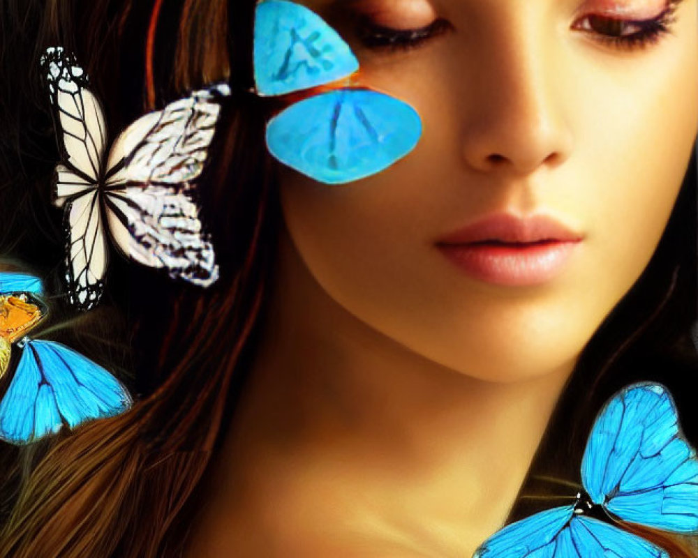 Colorful butterflies adorn woman's hair and shoulder, showcasing serene expression and striking makeup.