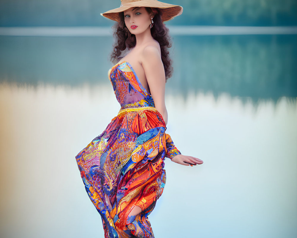 Woman in colorful dress and wide-brimmed hat by calm lake and serene forest
