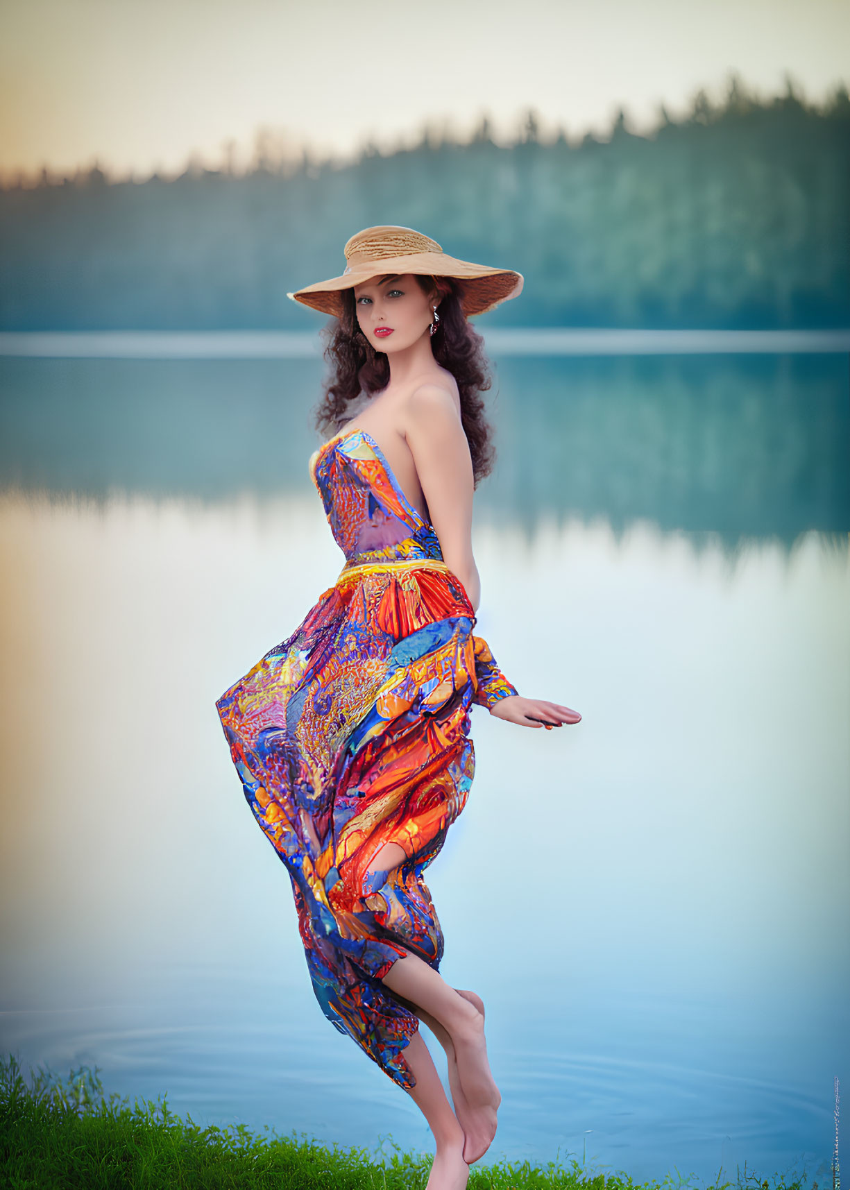 Woman in colorful dress and wide-brimmed hat by calm lake and serene forest
