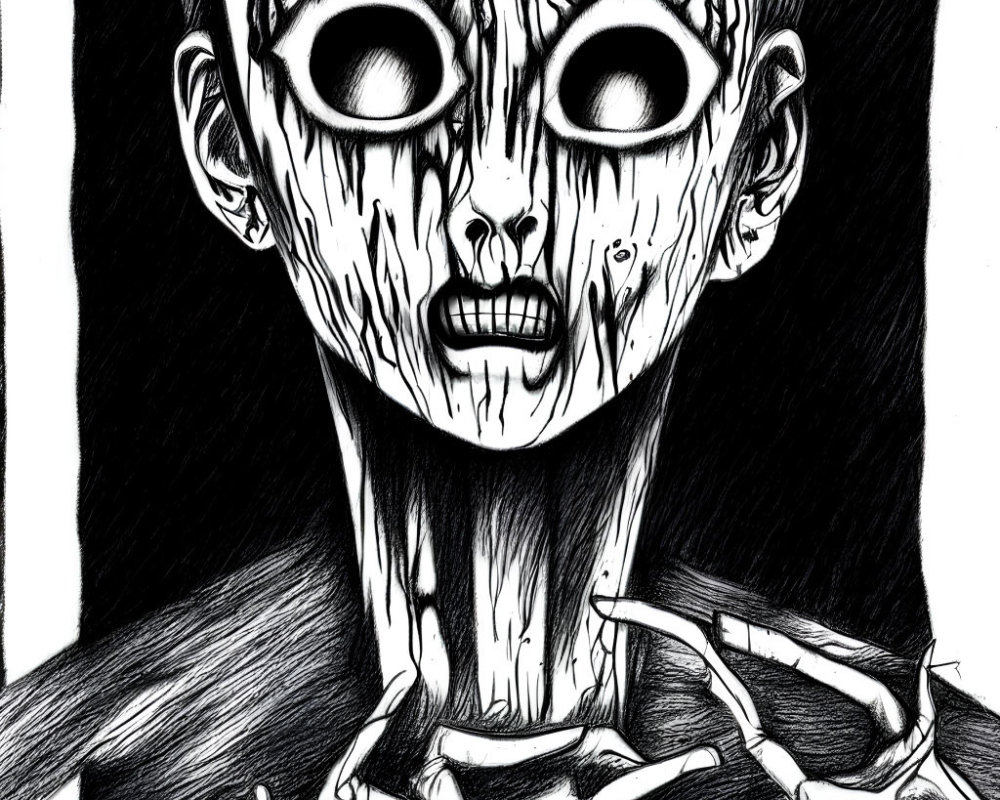 Spooky monochrome illustration of gaunt figure with hollow eyes