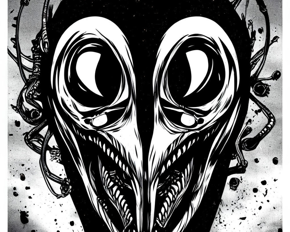 Monochrome illustration of menacing mask face with sharp teeth