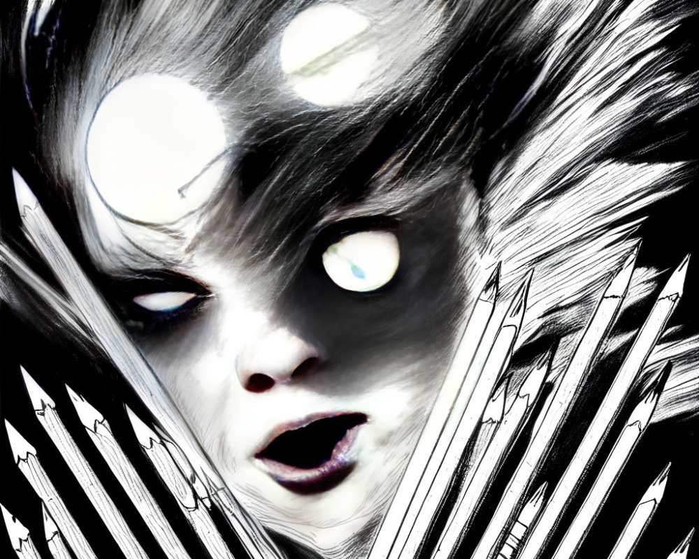 High-contrast face with glowing eyes and mouth amidst dynamic streaking lines