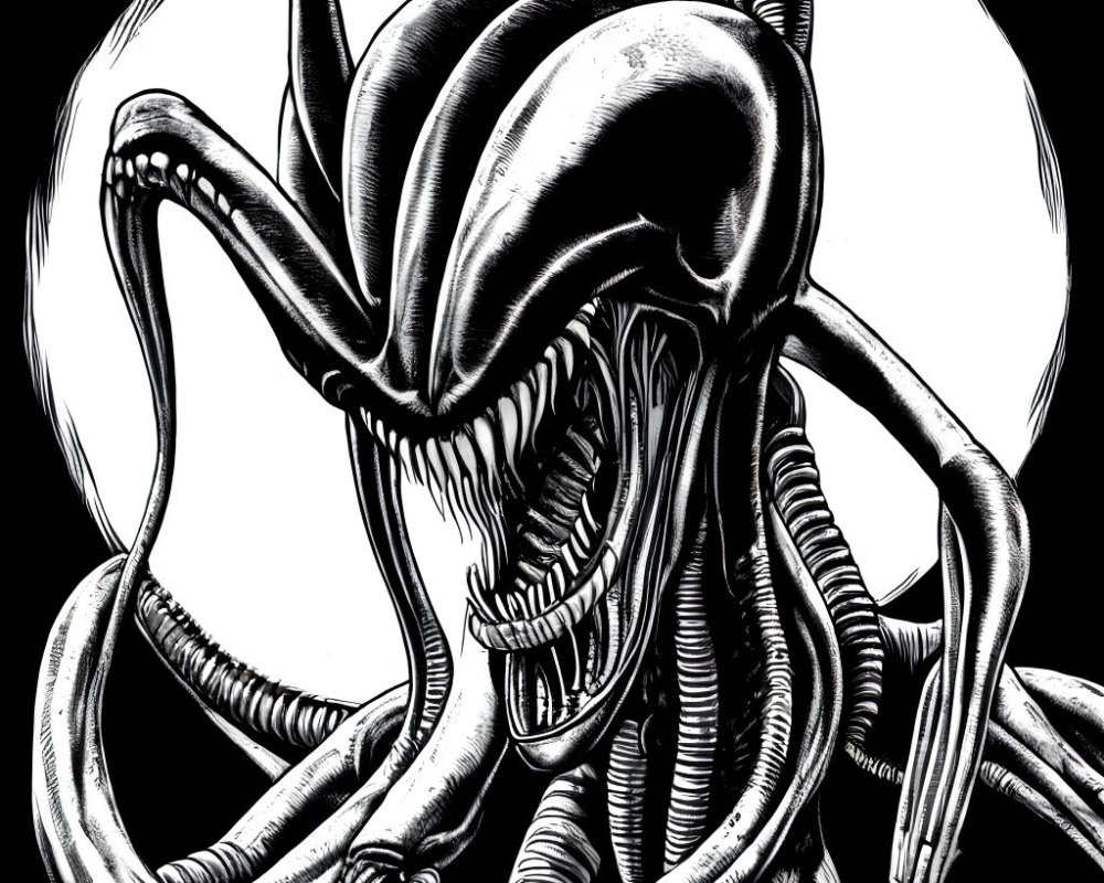 Monochrome illustration of intimidating alien with elongated skull & tentacles