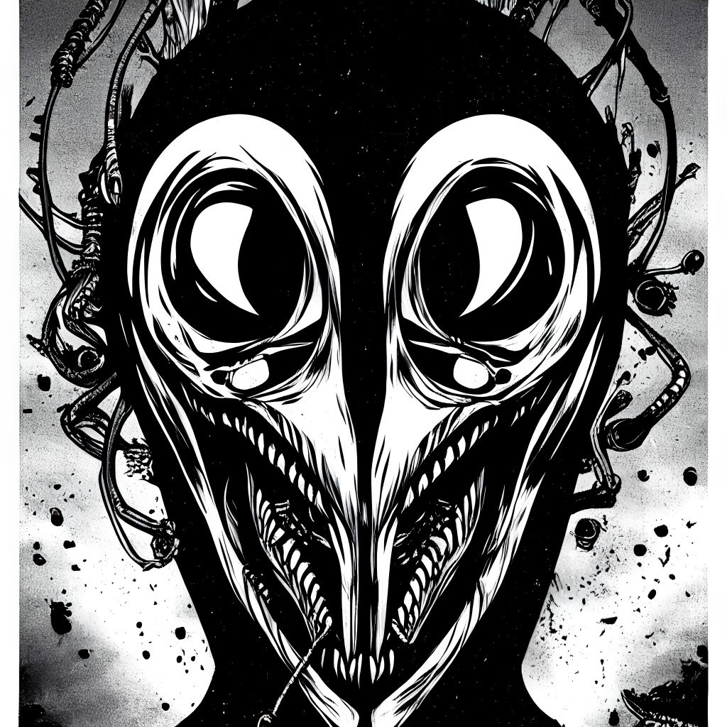 Monochrome illustration of menacing mask face with sharp teeth