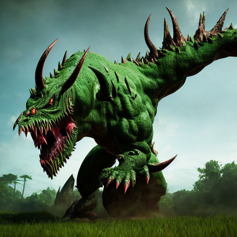 Majestic green dragon with glowing red eyes in lush landscape
