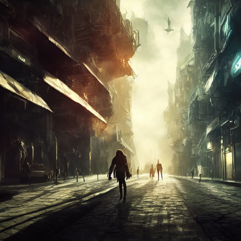 Futuristic dystopian city street with sunlight and towering buildings