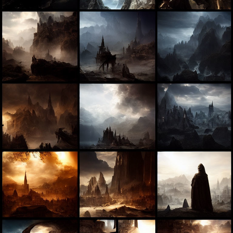 Dark Fantasy Collage: 12 Atmospheric Landscapes with Castles, Mountains, and Hooded